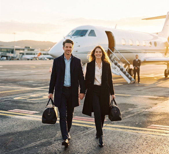 Paar vor einem Privatjet